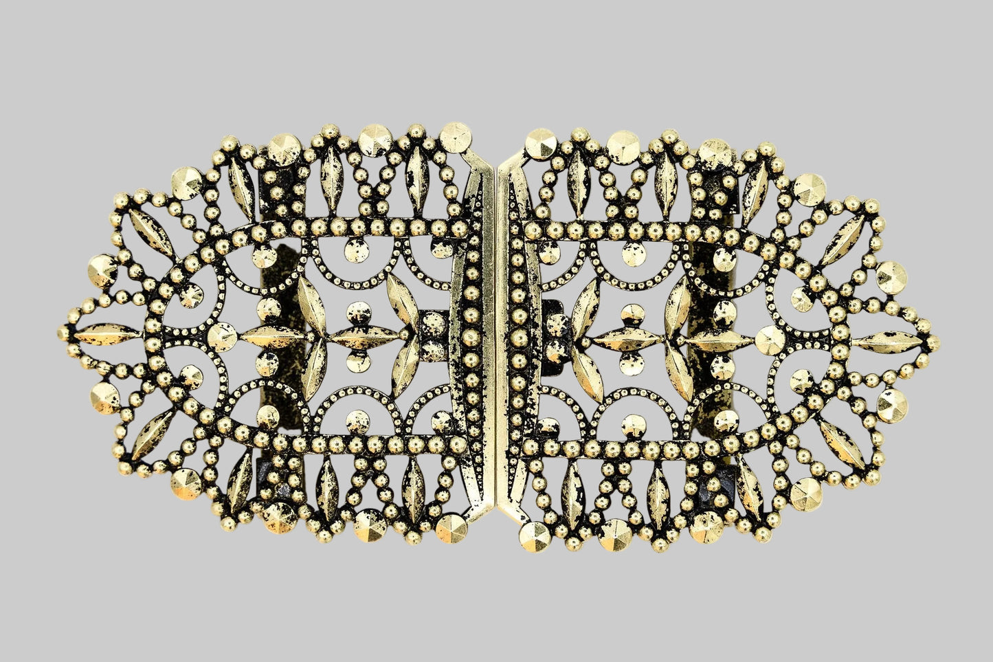 Schürzenschließe Dirndl goldfarben 99 mm filigrane Trachten Schließe Vorderansicht
