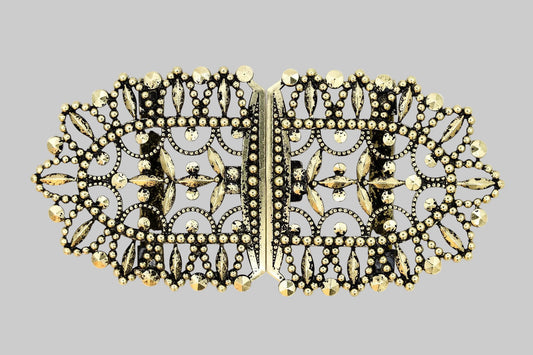 Schürzenschließe Dirndl goldfarben 99 mm filigrane Trachten Schließe Vorderansicht
