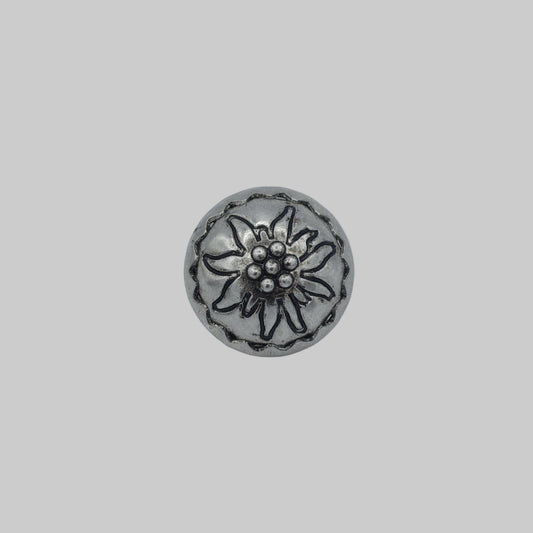 Trachtenknopf Edelweiß Metall altsilber 15 mm – handgefertigter Knopf Vorderansicht
