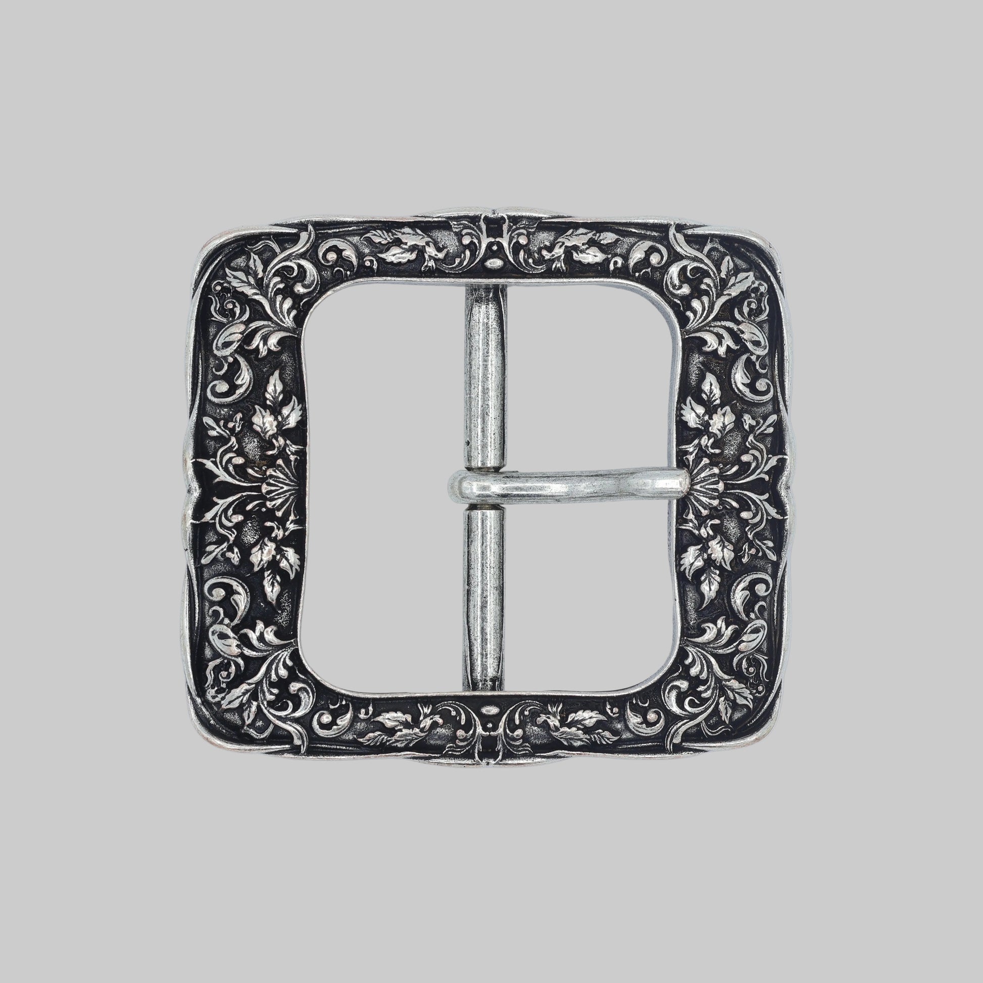 Gürtelschnalle Alt Silber 50 mm Ornament floral Vorderansicht
