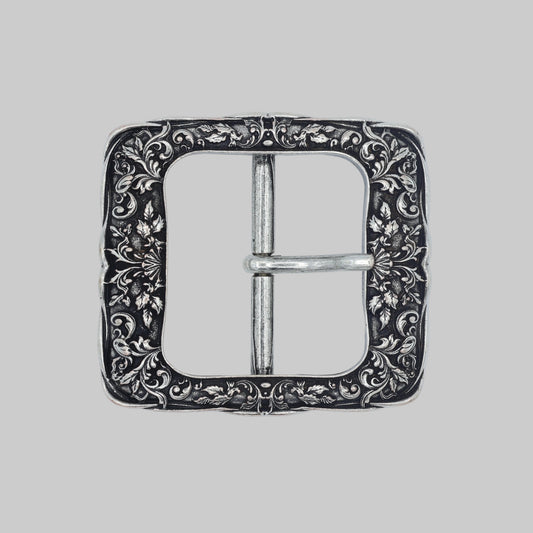 Gürtelschnalle Alt Silber 50 mm Ornament floral Vorderansicht
